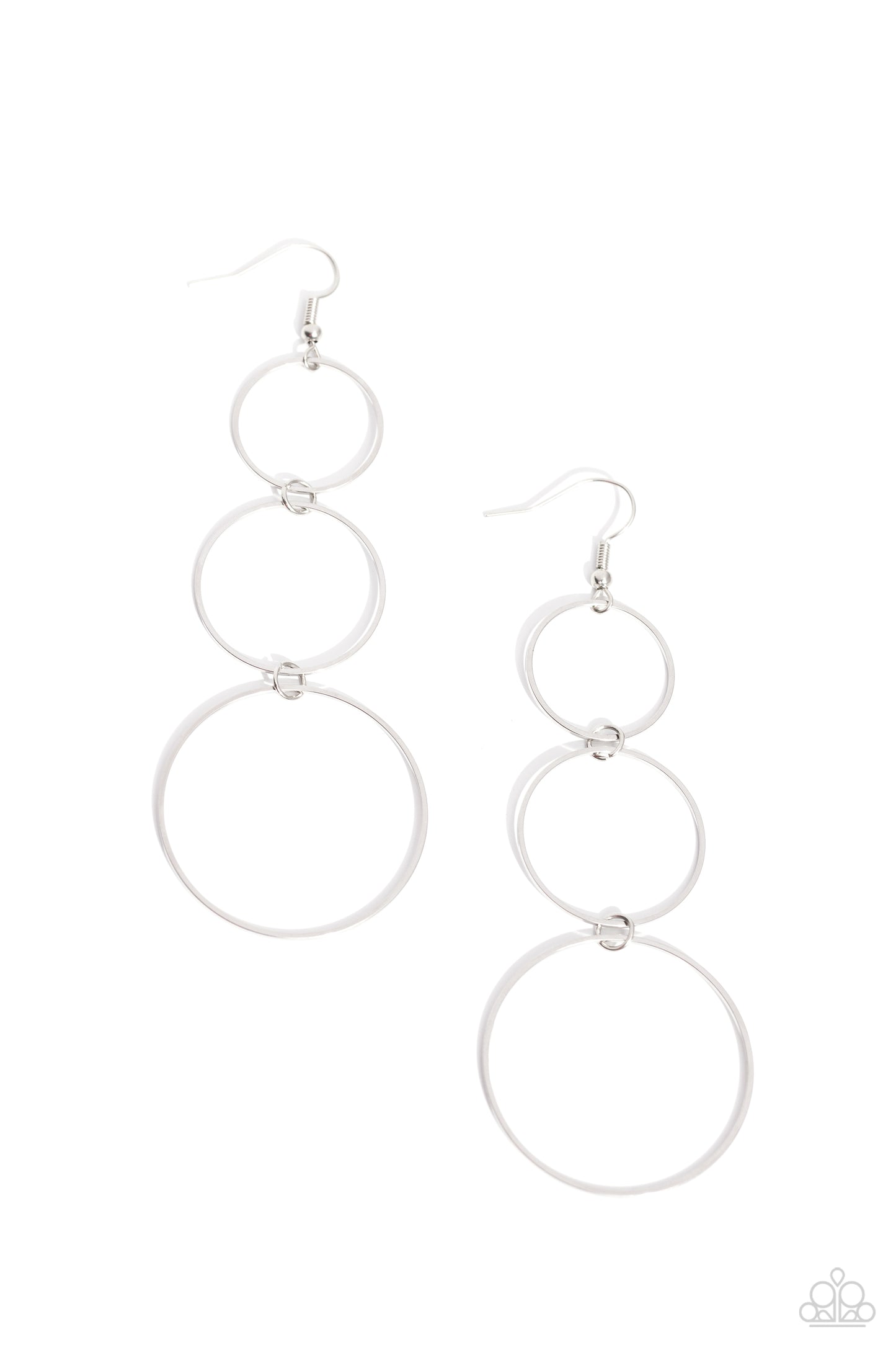 Urban Ozone Silver Earring - Paparazzi Accessories  Three flat silver hoops gradually increase in size as they link from the ear, creating a dizzyingly lure. Earring attaches to a standard fishhook fitting.  Sold as one pair of earrings.  Sku:  P5BA-SVXX-119XX
