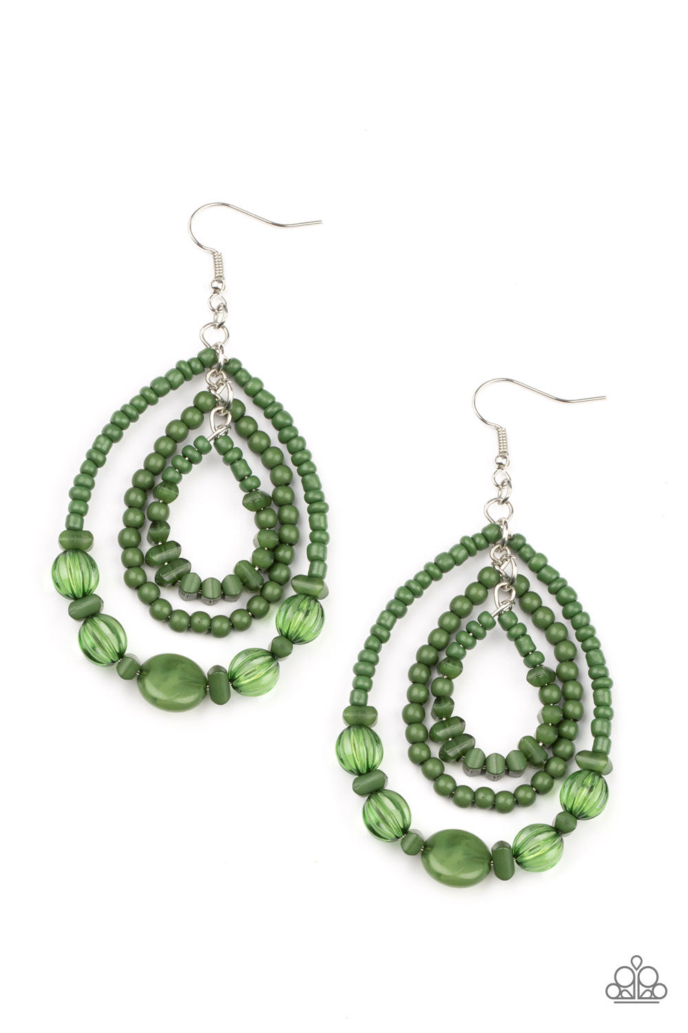 Prana Party Green Earring - Paparazzi Accessories  Varying in size and shape, mismatched green stone, seed bead, crystal-like, and faux stone beads are threaded along three dainty wires that connect into a colorful teardrop lure. Earring attaches to a standard fishhook fitting.  Sold as one pair of earrings.