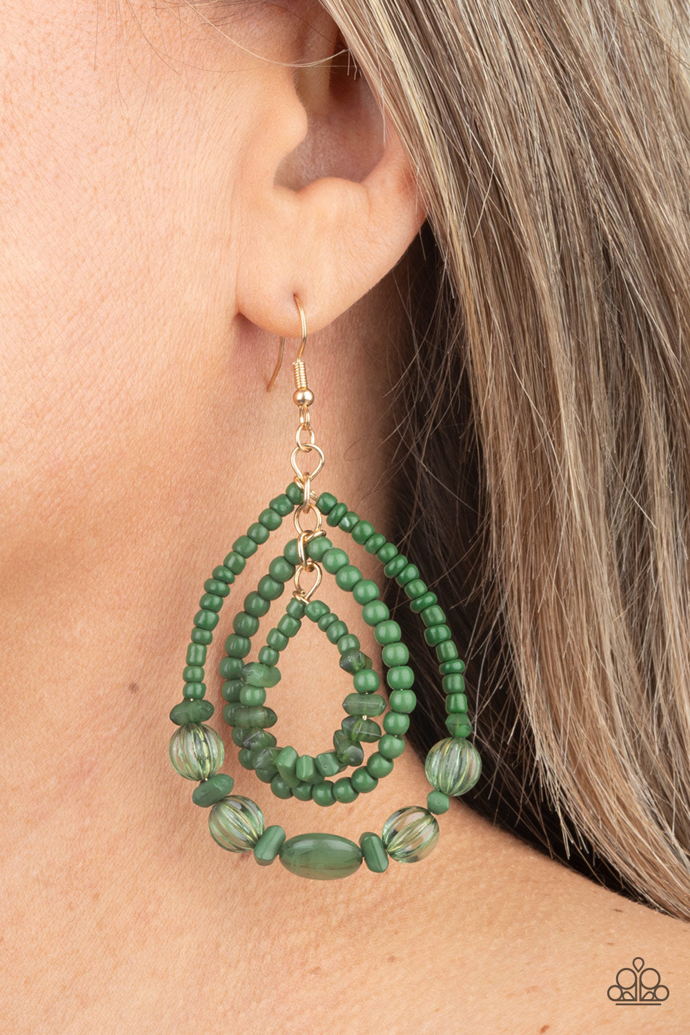 Prana Party Green Earring - Paparazzi Accessories  Varying in size and shape, mismatched green stone, seed bead, crystal-like, and faux stone beads are threaded along three dainty wires that connect into a colorful teardrop lure. Earring attaches to a standard fishhook fitting.  Sold as one pair of earrings.
