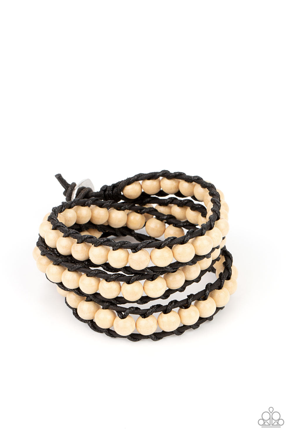 Pine Paradise White Wrap Bracelet - Paparazzi Accessories  A row of white wooden beads are knotted in place along two black leather cords, creating multiple earthy layers around the wrist with its extended length. Features an adjustable button loop closure.  Sold as one individual bracelet.