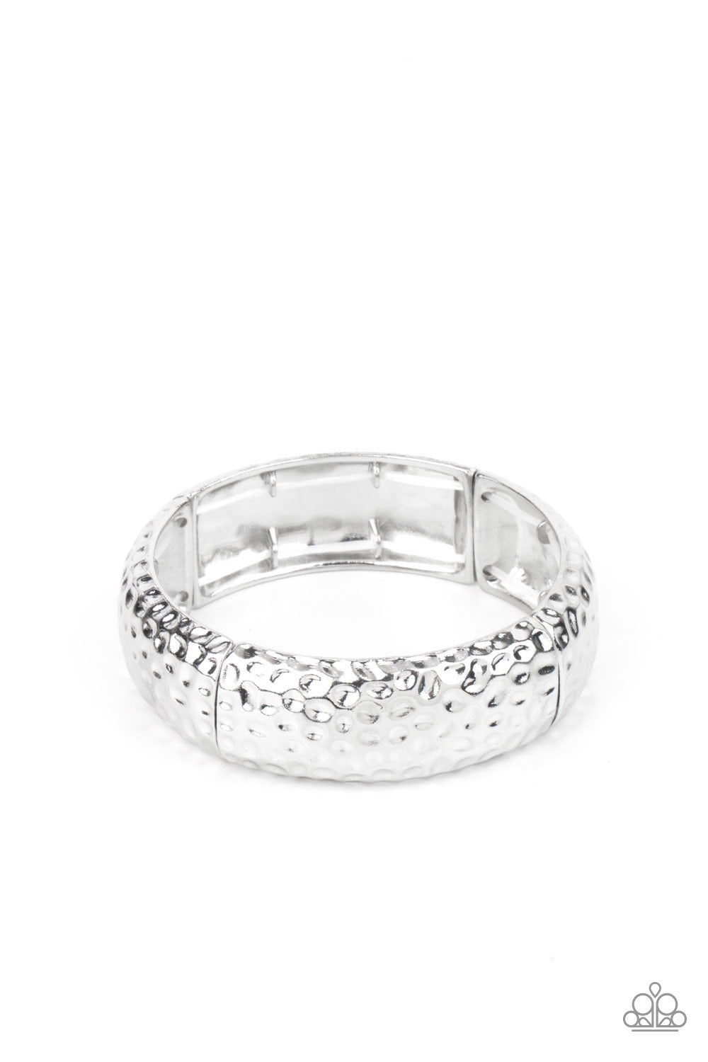 Come Under The Hammer Silver Bracelet - Paparazzi Accessories  Hammered in rustic textures, curved silver rectangular frames are threaded along stretchy bands around the wrist for an artisan inspired look.  Sold as one individual bracelet.