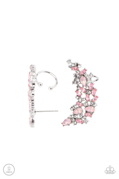 Prismatically Panoramic Pink Ear Crawler Earring - Paparazzi Accessories  Varying in round, marquise, and teardrop cuts, a glittery explosion of pink, white, and opal pink rhinestones coalesces into panoramic sparkle. Features a dainty cuff attached to the top for a secure fit.  Sold as one pair of ear crawlers.