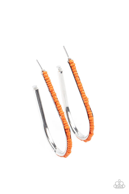 Beaded Bauble Orange Hoop Earring - Paparazzi Accessories  A dainty collection of orange seed beads embellish the beveled spine of a silver hook shaped hoop, creating a trendy pop of color. Hoop measures approximately 1 1/2" in diameter. Earring attaches to a standard post fitting.  Sold as one pair of hoop earrings.