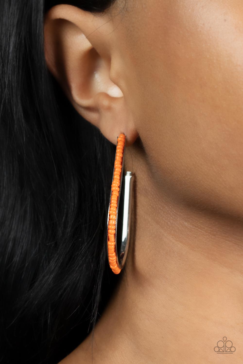 Beaded Bauble Orange Hoop Earring - Paparazzi Accessories  A dainty collection of orange seed beads embellish the beveled spine of a silver hook shaped hoop, creating a trendy pop of color. Hoop measures approximately 1 1/2" in diameter. Earring attaches to a standard post fitting.  Sold as one pair of hoop earrings.
