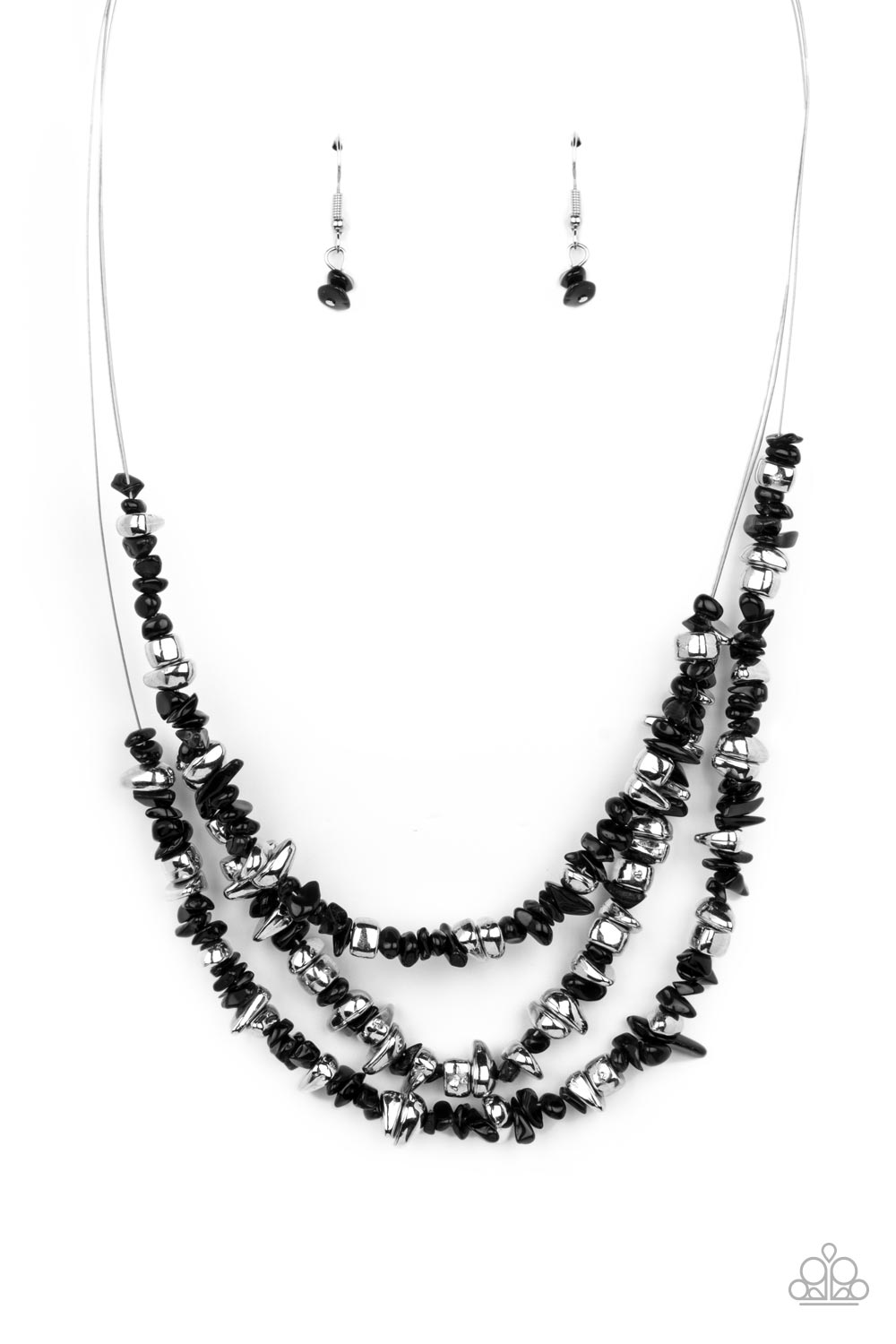 Placid Pebbles Black Necklace - Paparazzi Accessories  An earthy collection of raw cut silver and black pebbles are threaded along dainty wires below the collar, creating refreshing layers. Features an adjustable clasp closure.  Sold as one individual necklace. Includes one pair of matching earrings.