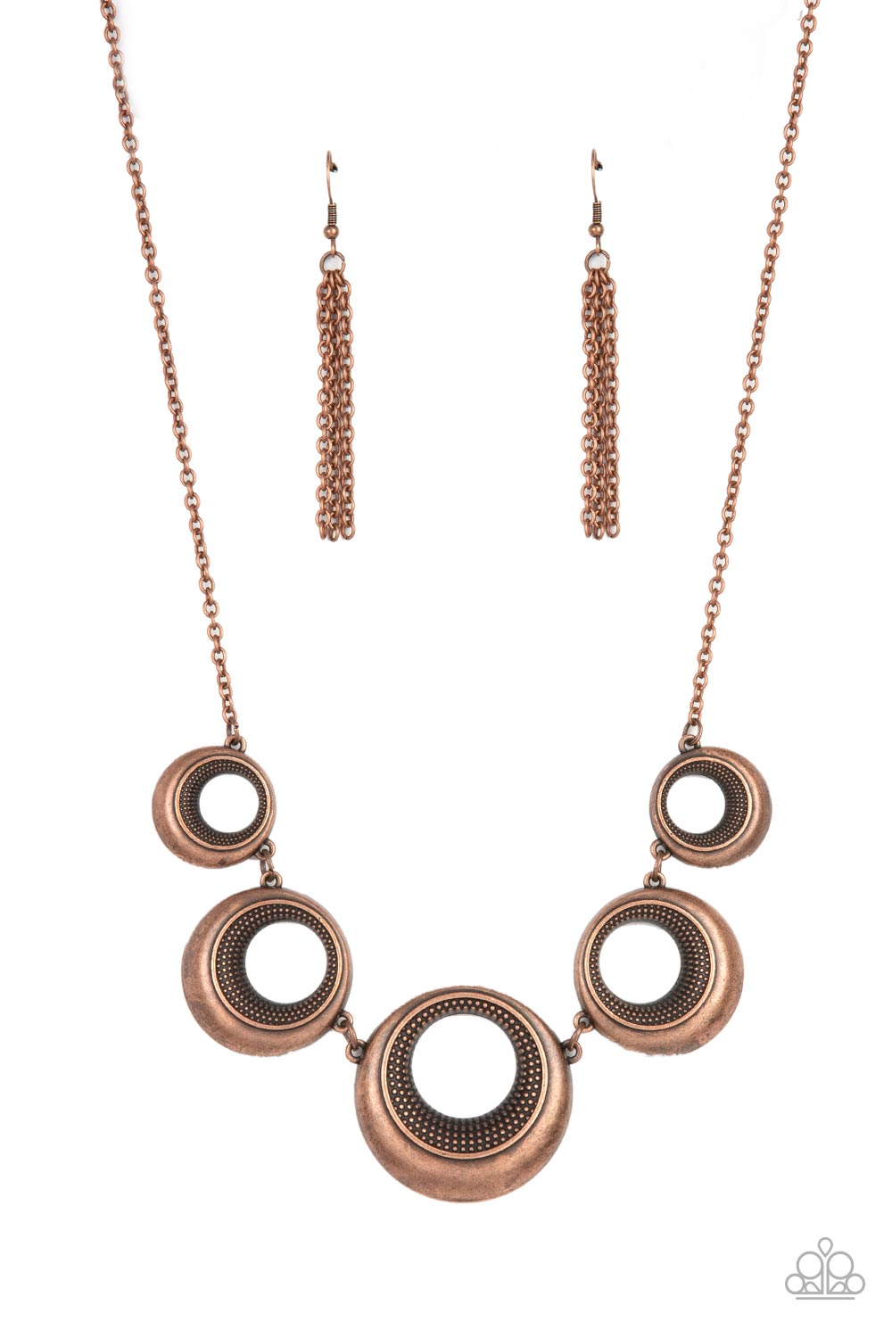 Solar Cycle Copper Necklace - Paparazzi Accessories  Featuring studded centers, an antiqued collection of beveled copper hoops gradually increase in size as they link below the collar for a bold metallic look. Features an adjustable clasp closure.  Sold as one individual necklace. Includes one pair of matching earrings.