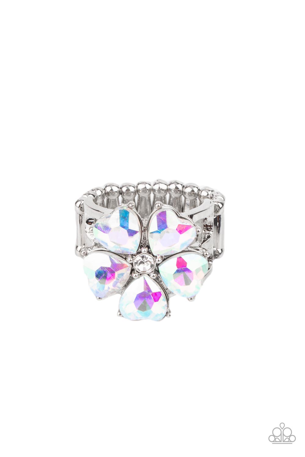 Minnesota Magic Multi Heart Ring - Paparazzi Accessories  Glittery heart shaped iridescent rhinestones bloom from a dainty white rhinestone center, creating a sparkly floral centerpiece atop layered silver bands. Features a stretchy band for a flexible fit.  Sold as one individual ring.