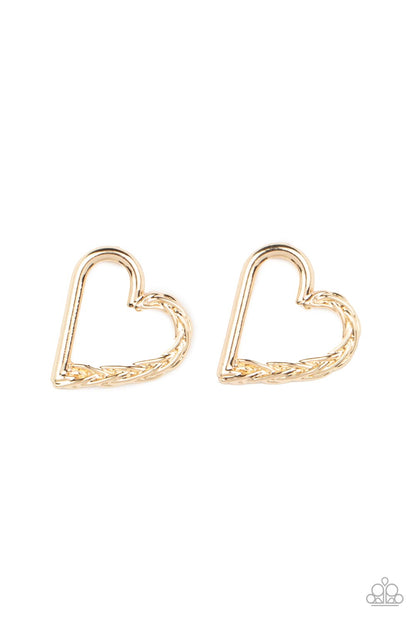 Cupid, Who? Gold Post Earring - Paparazzi Accessories  One side of a glistening gold heart frame is subtlety twisted with twinkly texture, creating a romantic display. Earring attaches to a standard post fitting.  All Paparazzi Accessories are lead free and nickel free!  Sold as one pair of post earrings.