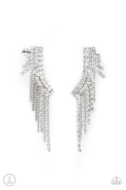Thunderstruck Sparkle White Ear Crawler Earring - Paparazzi Accessories  A tapered fringe of dainty silver chains and glittery strands of white rhinestones cascades from the edge of a curving white rhinestone encrusted frame, creating an edgy centerpiece. Features a clip-on fitting at the top for a secure fit.  Sold as one pair of ear crawlers.
