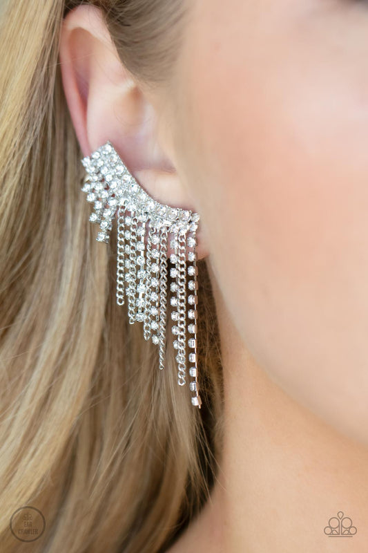 Thunderstruck Sparkle White Ear Crawler Earring - Paparazzi Accessories  A tapered fringe of dainty silver chains and glittery strands of white rhinestones cascades from the edge of a curving white rhinestone encrusted frame, creating an edgy centerpiece. Features a clip-on fitting at the top for a secure fit.  Sold as one pair of ear crawlers.