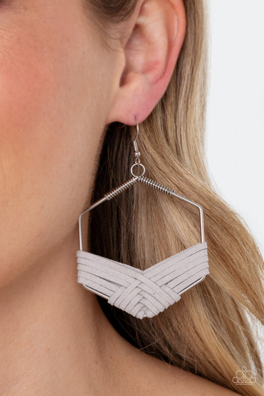 Suede Solstice Silver Earring - Paparazzi Accessories  Strands of Ultimate Gray suede decoratively weaves around the bottom of a hexagonal silver frame, creating a colorfully rustic centerpiece. Earring attaches to a standard fishhook fitting.  Sold as one pair of earrings.