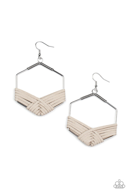 Suede Solstice Silver Earring - Paparazzi Accessories  Strands of Ultimate Gray suede decoratively weaves around the bottom of a hexagonal silver frame, creating a colorfully rustic centerpiece. Earring attaches to a standard fishhook fitting.  Sold as one pair of earrings.