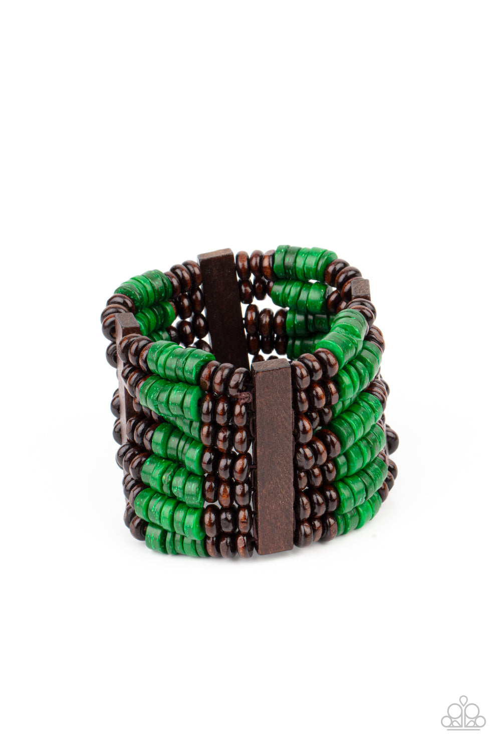 Vacay Vogue - Green Item #P9SE-GRXX-155XX Held together by rectangular wooden frames, rows of brown wooden and distressed Leprechaun discs are threaded along stretchy bands around the wrist for a seasonal pop of color around the wrist.  Sold as one individual bracelet.