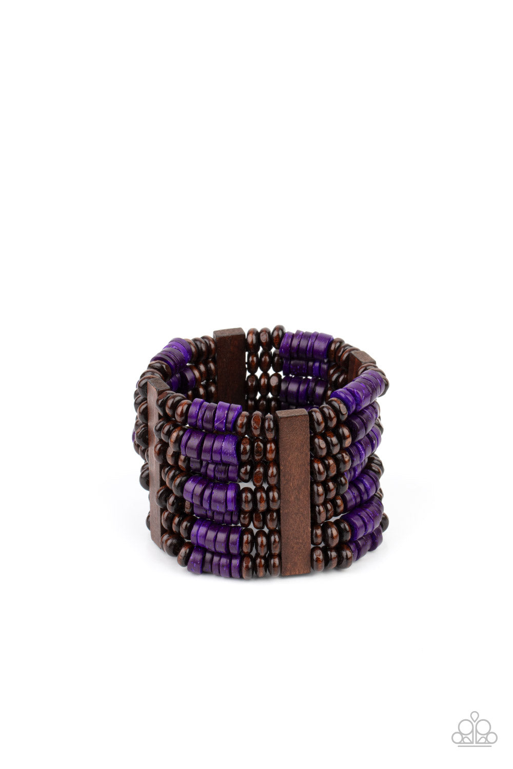 Vacay Vogue Purple Wooden Bracelet - Paparazzi Accessories Item #P9SE-PRXX-163XX Held together by rectangular wooden frames, rows of brown wooden and distressed purple discs are threaded along stretchy bands around the wrist for a seasonal pop of color around the wrist.  Sold as one individual bracelet.