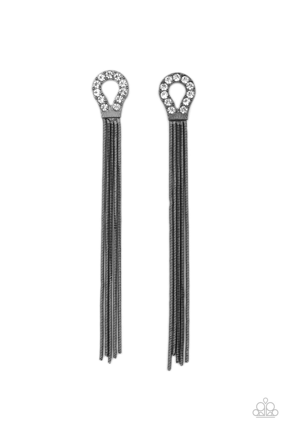 Dallas Debutante Black Earring - Paparazzi Accessories  A glistening curtain of round gunmetal snake chains stream out from the bottom of a dainty horseshoe frame adorned in glassy white rhinestones, creating a tantalizing tassel. Earring attaches to a standard post fitting.  Sold as one pair of post earrings.