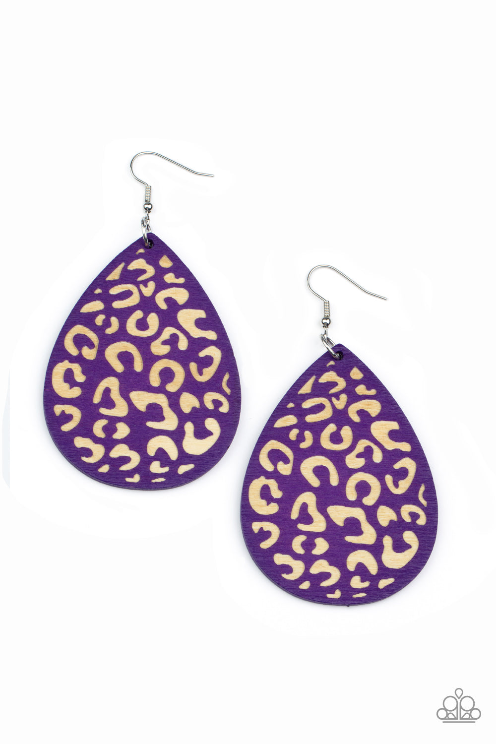 Suburban Jungle Purple Wooden Earring - Paparazzi Accessories  A purple wooden teardrop frame is etched in a cheetah-like pattern, creating a wildly fabulous fashion. Earring attaches to a standard fishhook fitting.  Sold as one pair of earrings.