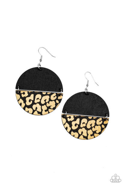 Jungle Catwalk Black Wooden Earring - Paparazzi Accessories  A plain black half moon wooden frame links with a matching wooden frame that has been etched in a cheetah-like pattern, creating a wild lure. Earring attaches to a standard fishhook fitting.  Sold as one pair of earrings.  P5SE-BKXX-260XX