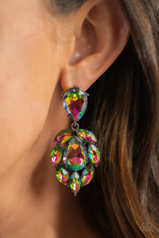 Galactic Go-Getter Multi Post Earring - Paparazzi Accessories  A stellar collection of marquise cut oil spill rhinestones nestle around an oversized teardrop oil spill rhinestone, creating a dramatically stellar display at the bottom of a matching oil spill teardrop rhinestone. Earring attaches to a standard post fitting.  Sold as one pair of post earrings.