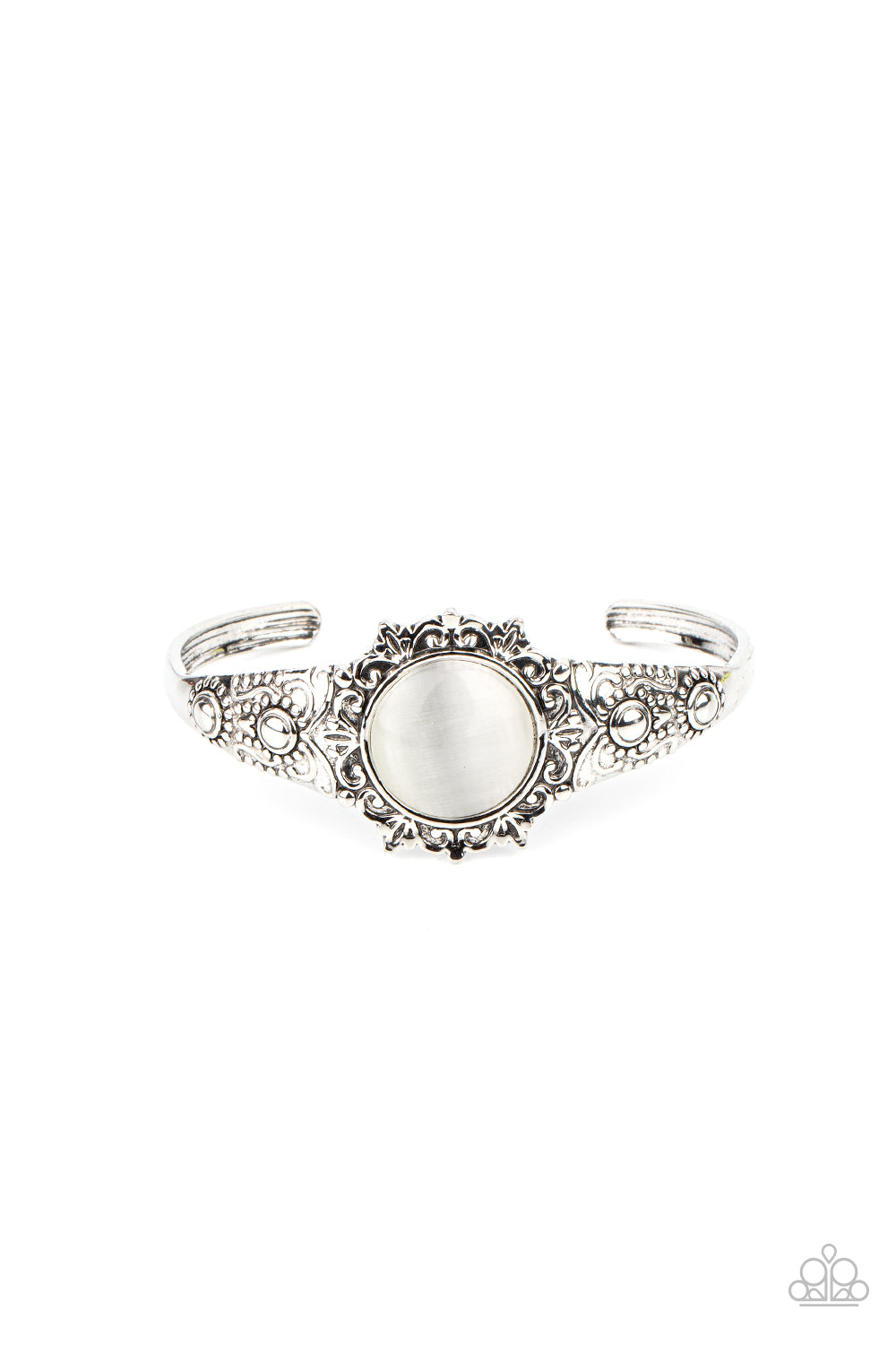 Extravagantly Enchanting - White Item #P9RE-WTXX-169XX A mystical white cat's eye stone is pressed into the floral center of a dainty silver cuff that is abloom with flowery details, creating an enchanting pop of color around the wrist.  Sold as one individual bracelet.