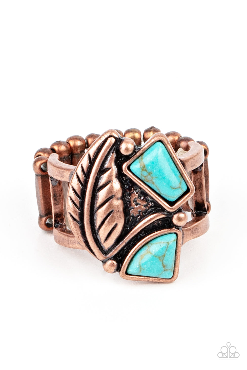 Make the NEST of It Copper Ring - Paparazzi Accessories Item #P4SE-CPXX-066XX Asymmetrical turquoise stones adorn the front of an antiqued copper frame adorned in a coppery feather, creating a rustic centerpiece atop the finger. Features a stretchy band for a flexible fit.  Sold as one individual ring.