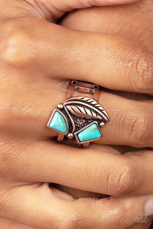 Make the NEST of It Copper Ring - Paparazzi Accessories Item #P4SE-CPXX-066XX Asymmetrical turquoise stones adorn the front of an antiqued copper frame adorned in a coppery feather, creating a rustic centerpiece atop the finger. Features a stretchy band for a flexible fit.  Sold as one individual ring.