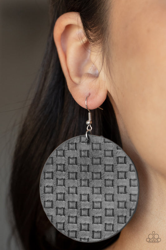 WEAVE Me Out Of It - Silver Item #P5SE-SVXX-162XX Featuring a faux woven pattern a leathery gray frame swings from the ear for an earthy artisan fashion. Earring attaches to a standard fishhook fitting.  Sold as one pair of earrings.
