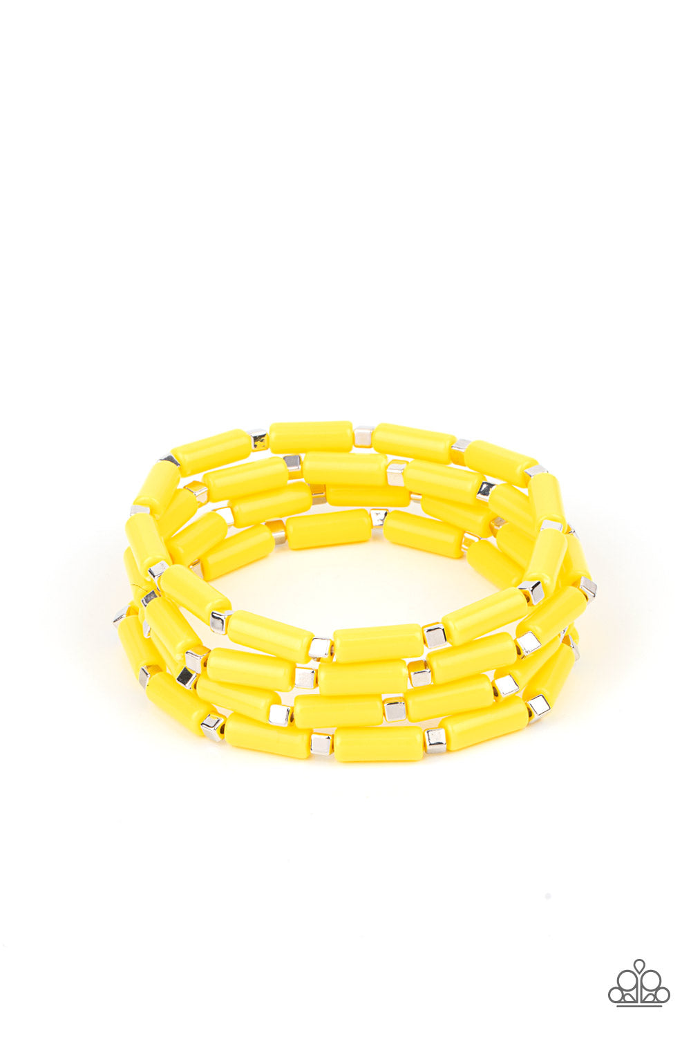 Radiantly Retro Yellow Bracelet - Paparazzi Accessories  A playful collection of dainty silver cube beads and cylindrical Illuminating beads are threaded along stretchy bands, creating colorful layers around the wrist.  All Paparazzi Accessories are lead free and nickel free!  Sold as one set of four bracelets.