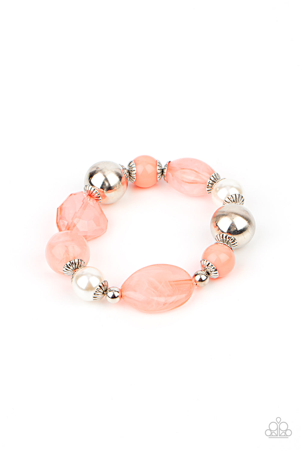 Resort Ritz Orange Bracelet - Paparazzi Accessories  A lavish assortment of white pearls, silver accents, and glassy and acrylic coral beads are threaded along a stretchy band around the wrist for a refreshing pop of color.  Sold as one individual bracelet.