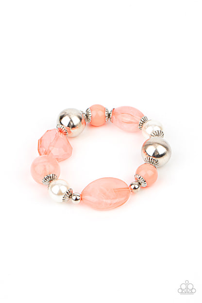 Resort Ritz Orange Bracelet - Paparazzi Accessories  A lavish assortment of white pearls, silver accents, and glassy and acrylic coral beads are threaded along a stretchy band around the wrist for a refreshing pop of color.  Sold as one individual bracelet.