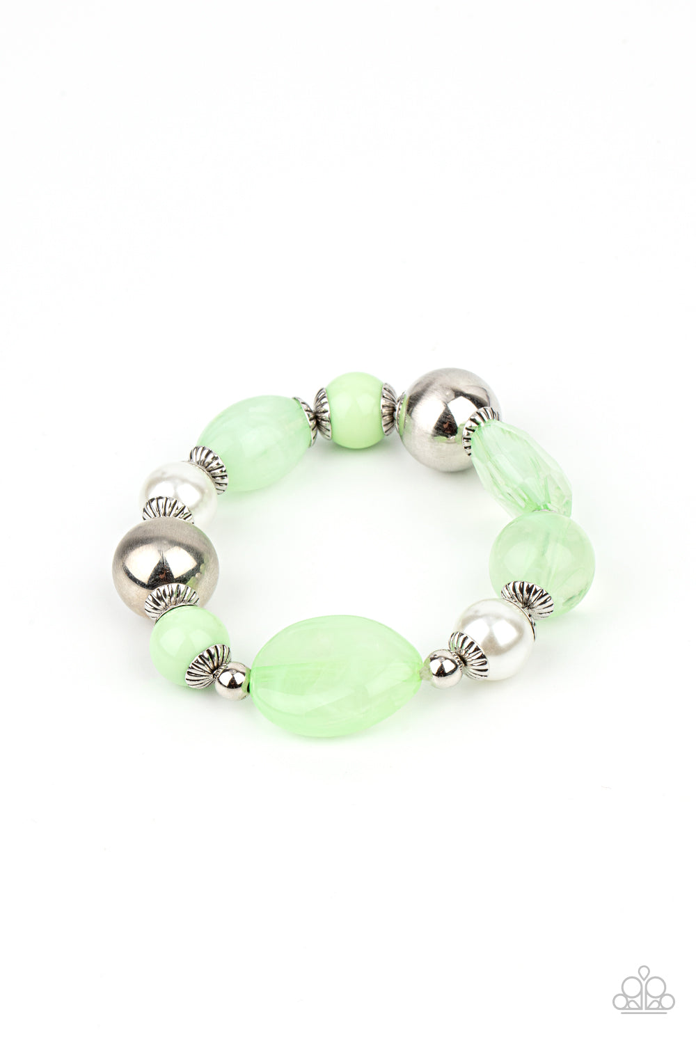 Resort Ritz Green Bracelet - Paparazzi Accessories  A lavish assortment of white pearls, silver accents, and glassy and acrylic Green Ash beads are threaded along a stretchy band around the wrist for a refreshing pop of color.  Sold as one individual bracelet.
