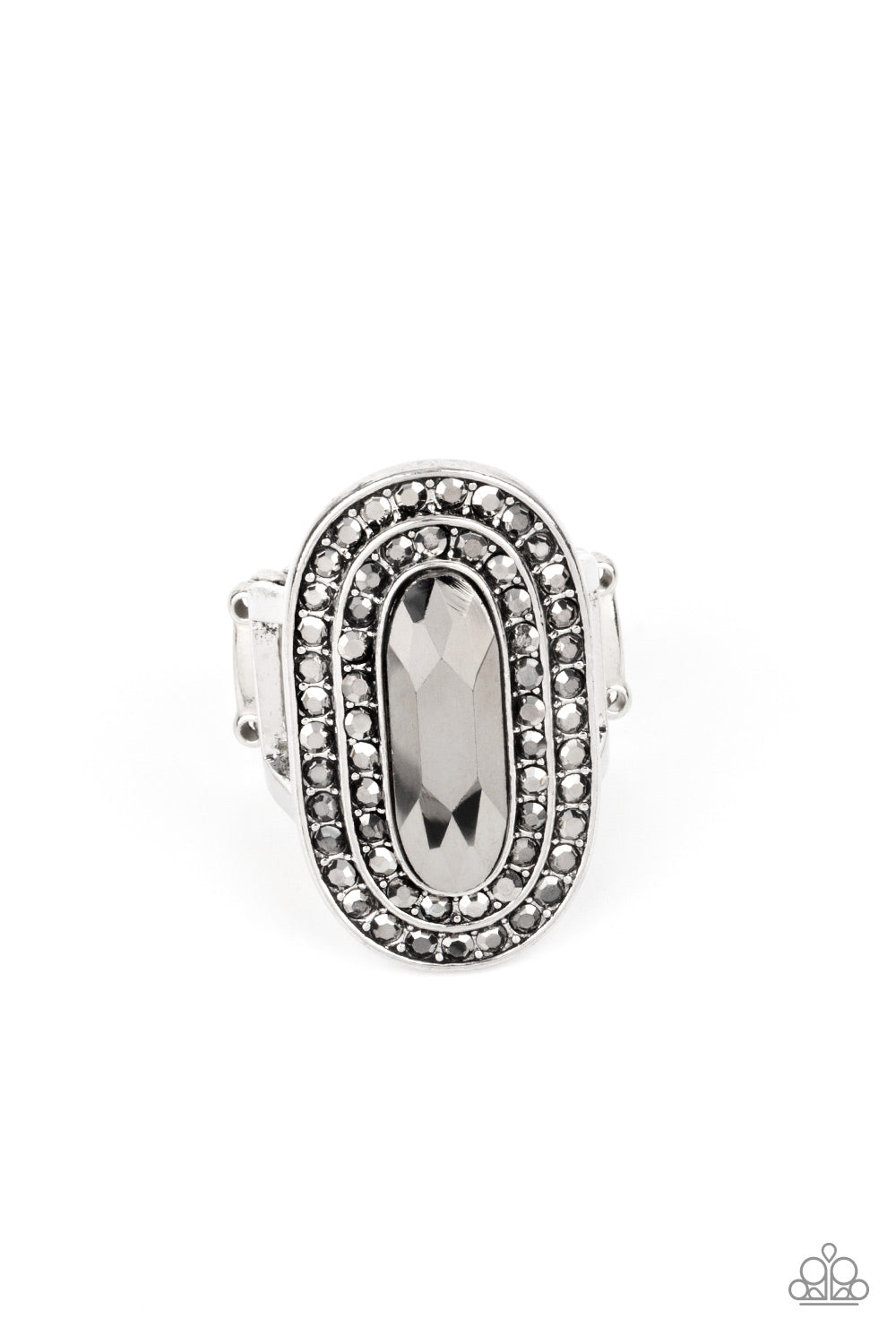 Fueled by Fashion Silver Ring - Paparazzi Accessories  An elongated sparkling hematite gem is nestled inside a linear silver frame created by double rows of dainty hematite rhinestones. The faceted gem creates a glamorously edgy effect atop the finger. Features a stretchy band for a flexible fit.  Sold as one individual ring.