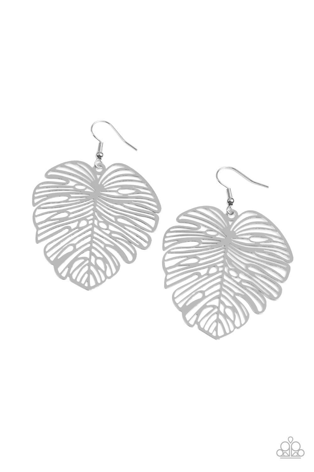 Palm Palmistry Silver Earring - Paparazzi Accessories  A stenciled silver palm-like leaf delicately swings from the ear, creating a refined seasonal display. Earring attaches to a standard fishhook fitting.  Sold as one pair of earrings.