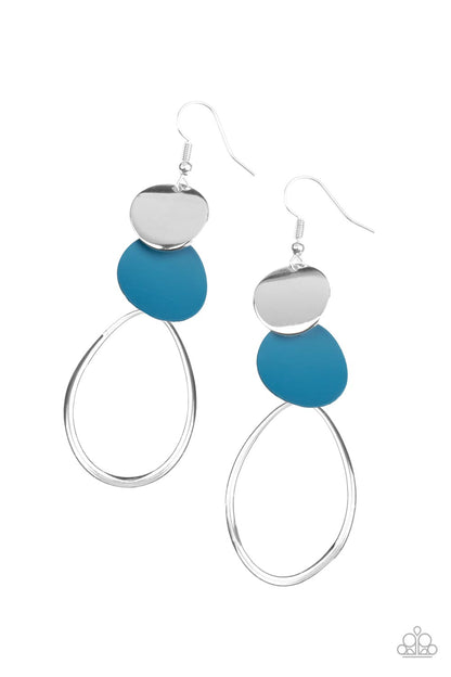Retro Reception Blue Earring - Paparazzi Accessories   Featuring slightly bent surfaces, a shiny silver and a Mykonos Blue matte disc links with an airy silver teardrop frame, resulting in a retro lure. Earring attaches to a standard fishhook fitting.  Sold as one pair of earrings.