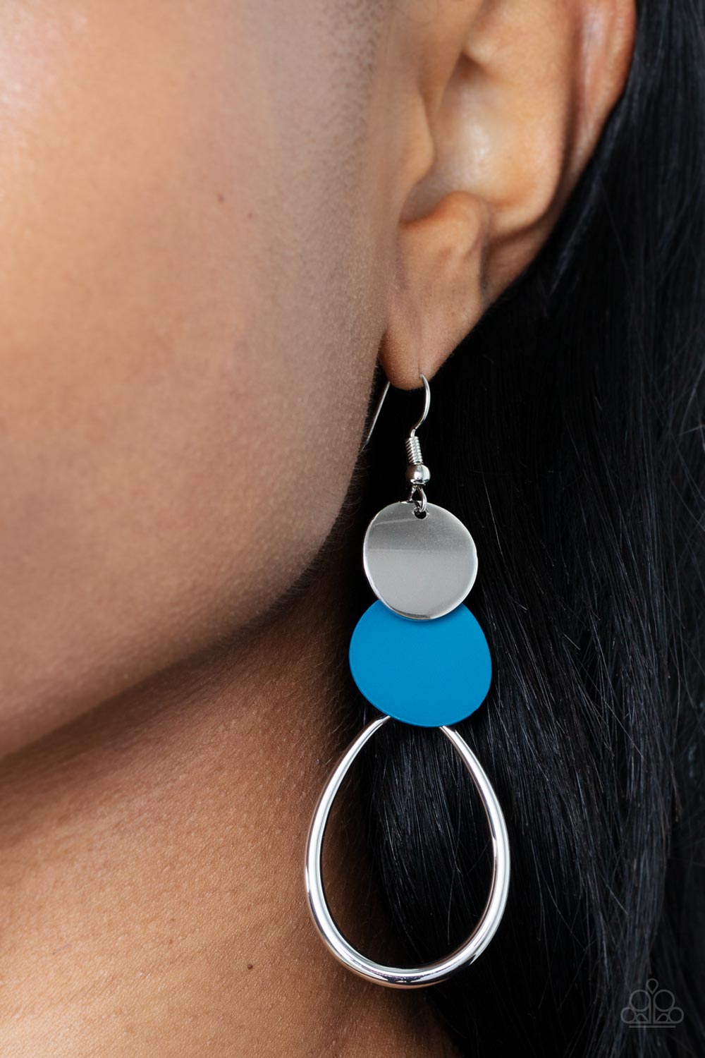 Retro Reception Blue Earring - Paparazzi Accessories   Featuring slightly bent surfaces, a shiny silver and a Mykonos Blue matte disc links with an airy silver teardrop frame, resulting in a retro lure. Earring attaches to a standard fishhook fitting.  Sold as one pair of earrings.