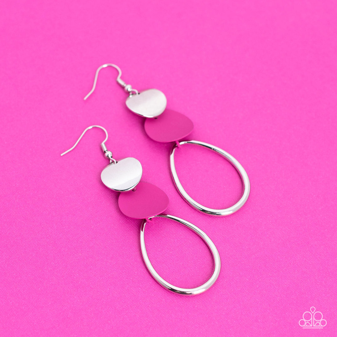 Retro Reception Pink Earring - Paparazzi Accessories  Featuring slightly bent surfaces, a shiny silver and Fuchsia Fedora matte disc links with an airy silver teardrop frame, resulting in a retro lure. Earring attaches to a standard fishhook fitting.  Featured inside The Preview at GLOW! Sold as one pair of earrings.