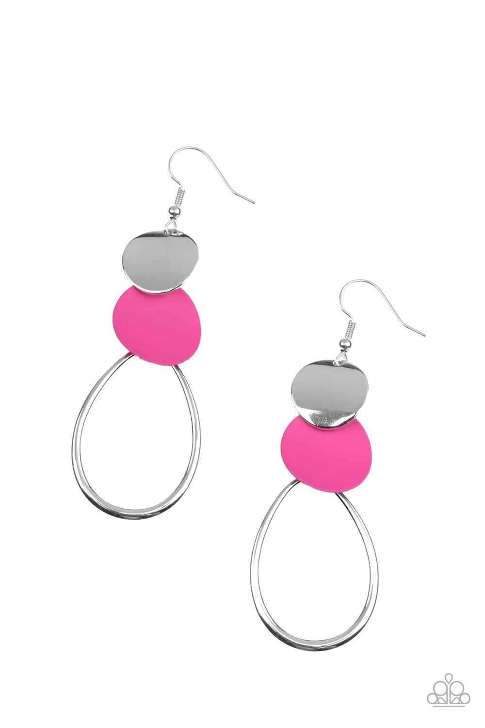 Retro Reception Pink Earring - Paparazzi Accessories  Featuring slightly bent surfaces, a shiny silver and Fuchsia Fedora matte disc links with an airy silver teardrop frame, resulting in a retro lure. Earring attaches to a standard fishhook fitting.  Featured inside The Preview at GLOW! Sold as one pair of earrings.
