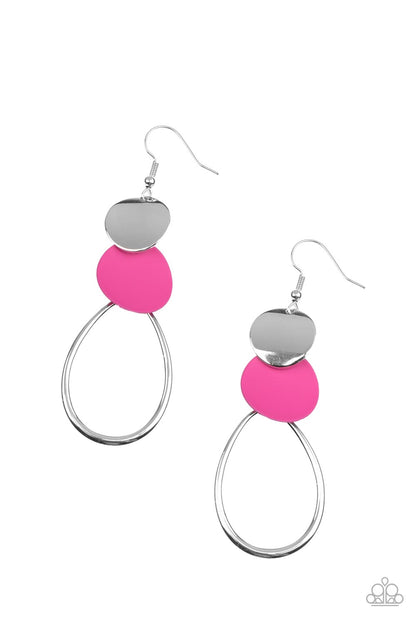 Retro Reception Pink Earring - Paparazzi Accessories  Featuring slightly bent surfaces, a shiny silver and Fuchsia Fedora matte disc links with an airy silver teardrop frame, resulting in a retro lure. Earring attaches to a standard fishhook fitting.  Featured inside The Preview at GLOW! Sold as one pair of earrings.