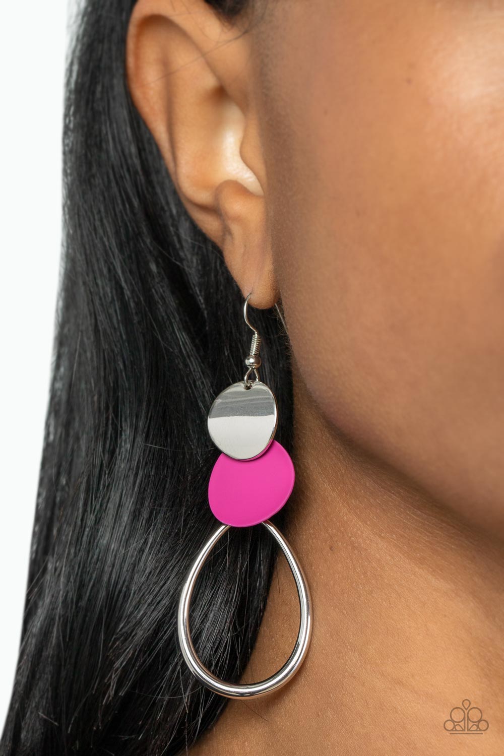 Retro Reception Pink Earring - Paparazzi Accessories  Featuring slightly bent surfaces, a shiny silver and Fuchsia Fedora matte disc links with an airy silver teardrop frame, resulting in a retro lure. Earring attaches to a standard fishhook fitting.  Featured inside The Preview at GLOW! Sold as one pair of earrings.