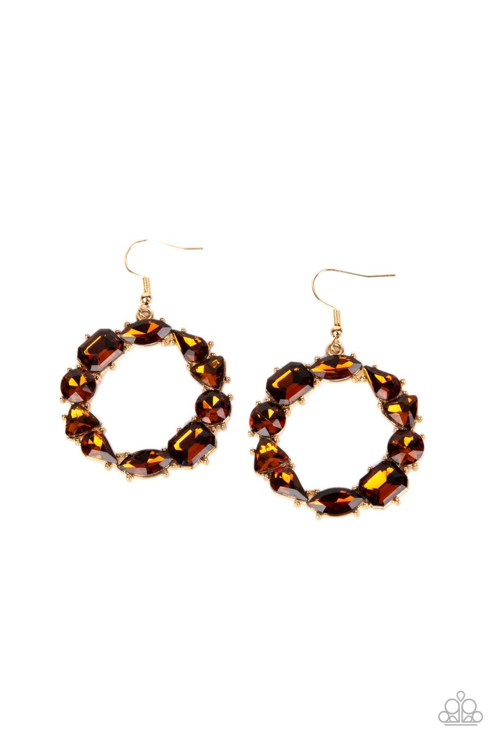 GLOWING in Circles Brown Earring - Paparazzi Accessories  Featuring glistening gold fittings, a regal assortment of round, triangular, teardrop, marquise, and emerald cut topaz rhinestones delicately coalesce into a jaw-dropping hoop. Earring attaches to a standard fishhook fitting.  Sold as one pair of earrings.