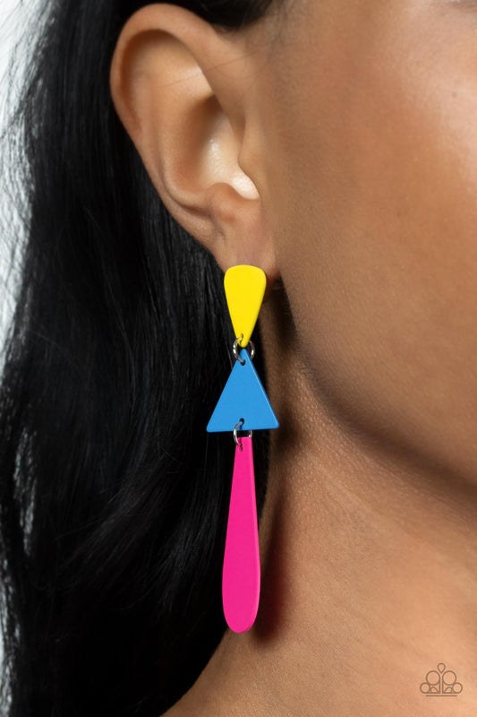 Retro Redux Multi Earring - Paparazzi Accessories  Featuring a flat matte finish, an Illuminating triangle, a French Blue triangle, and an oval Fuchsia Fedora frame delicately links into a colorfully retro lure. Earring attaches to a standard post fitting.  Sold as one pair of post earrings.