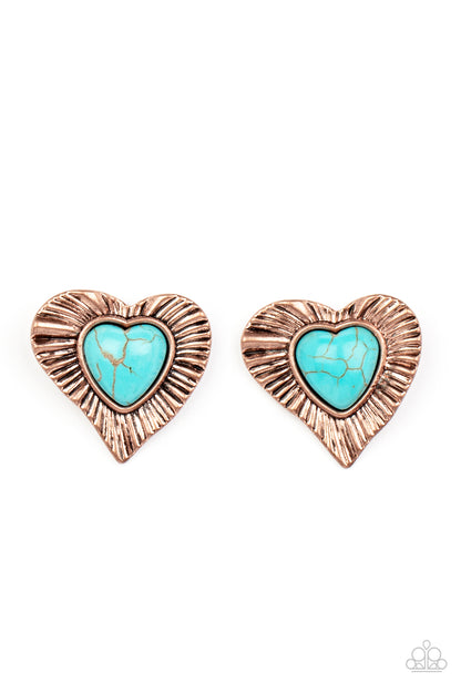Rustic Romance Copper Post Earring - Paparazzi Accessories  Etched in rustic texture, an antiqued copper frame gathers around a heart shaped turquoise stone center, creating a romantic display. Earring attaches to a standard post fitting.  Sold as one pair of post earrings.
