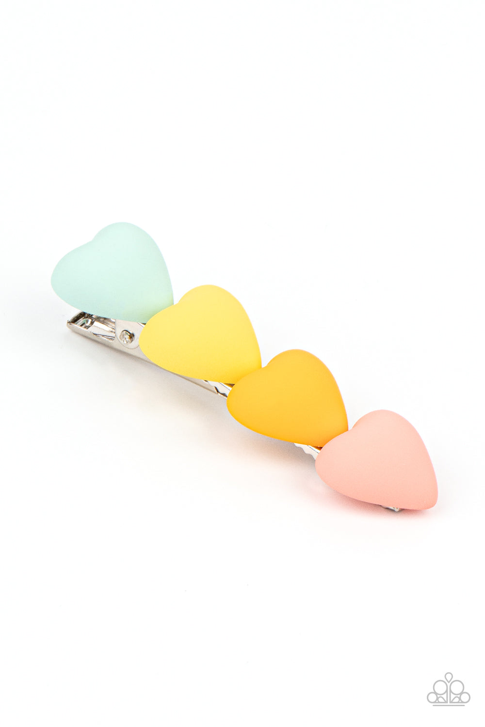 HEART to Please Multi Hair Clip - Paparazzi Accessories  Featuring a rubbery matte finish, a bubbly row of green, yellow, orange, and coral hearts stack into a flirtatious centerpiece. Features a standard hair clip on the back.  Sold as one individual hair clip.