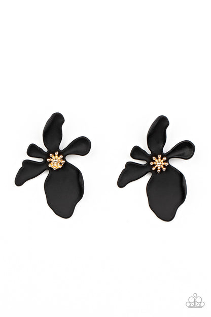 Hawaiian Heiress Black Post Earring - Paparazzi Accessories  Featuring a golden studded center, asymmetrical black petals bloom into an abstract flower for a tropical inspired look. Earring attaches to a standard post fitting.  Sold as one pair of post earrings.