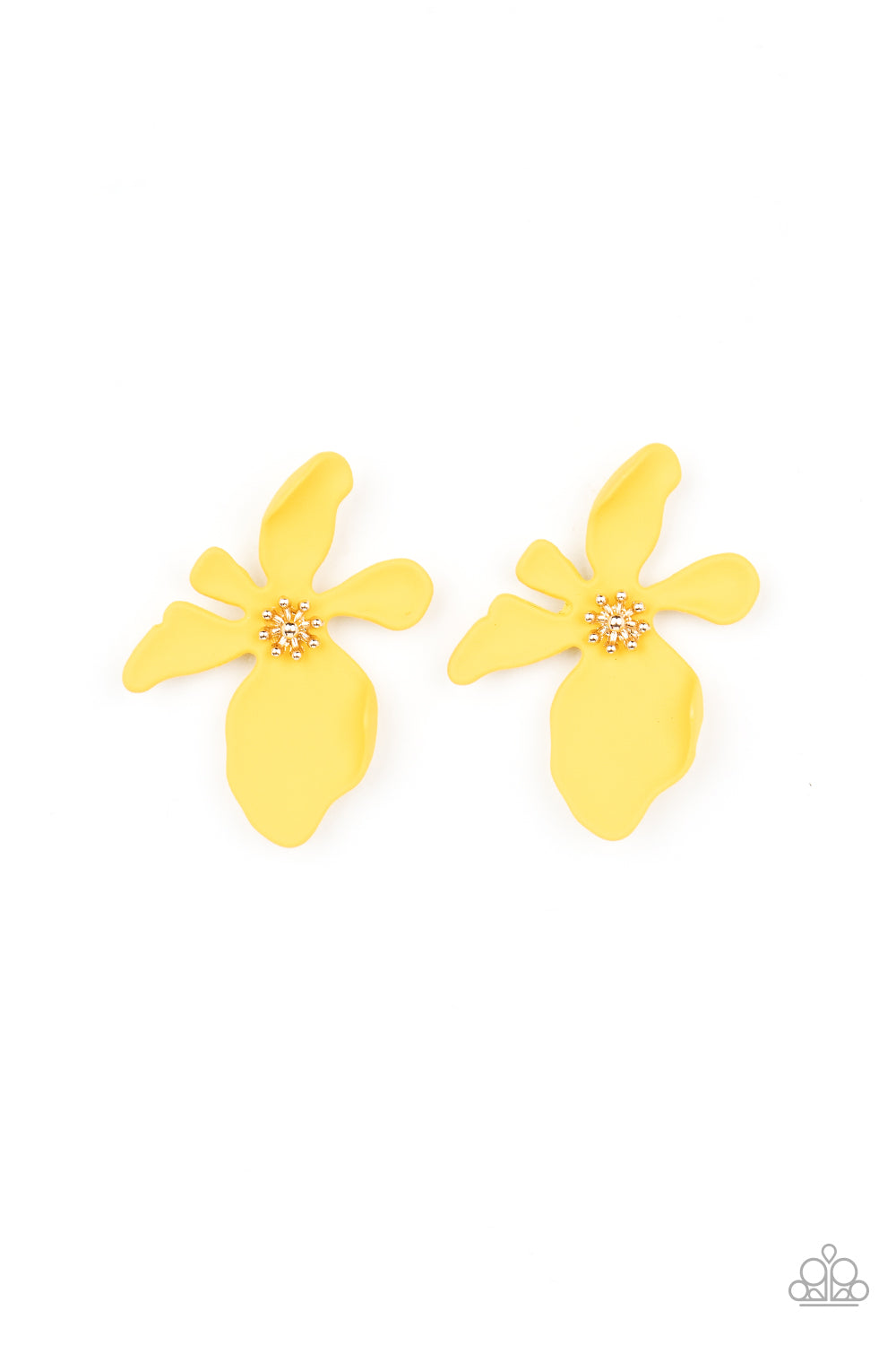 Hawaiian Heiress Yellow Post Earring - Paparazzi Accessories  Featuring a golden studded center, asymmetrical Illuminating petals bloom into an abstract flower for a tropical inspired look. Earring attaches to a standard post fitting.  Sold as one pair of post earrings.