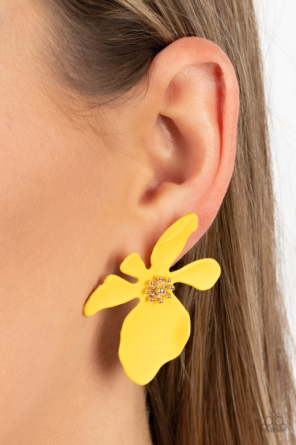 Hawaiian Heiress Yellow Post Earring - Paparazzi Accessories  Featuring a golden studded center, asymmetrical Illuminating petals bloom into an abstract flower for a tropical inspired look. Earring attaches to a standard post fitting.  Sold as one pair of post earrings.