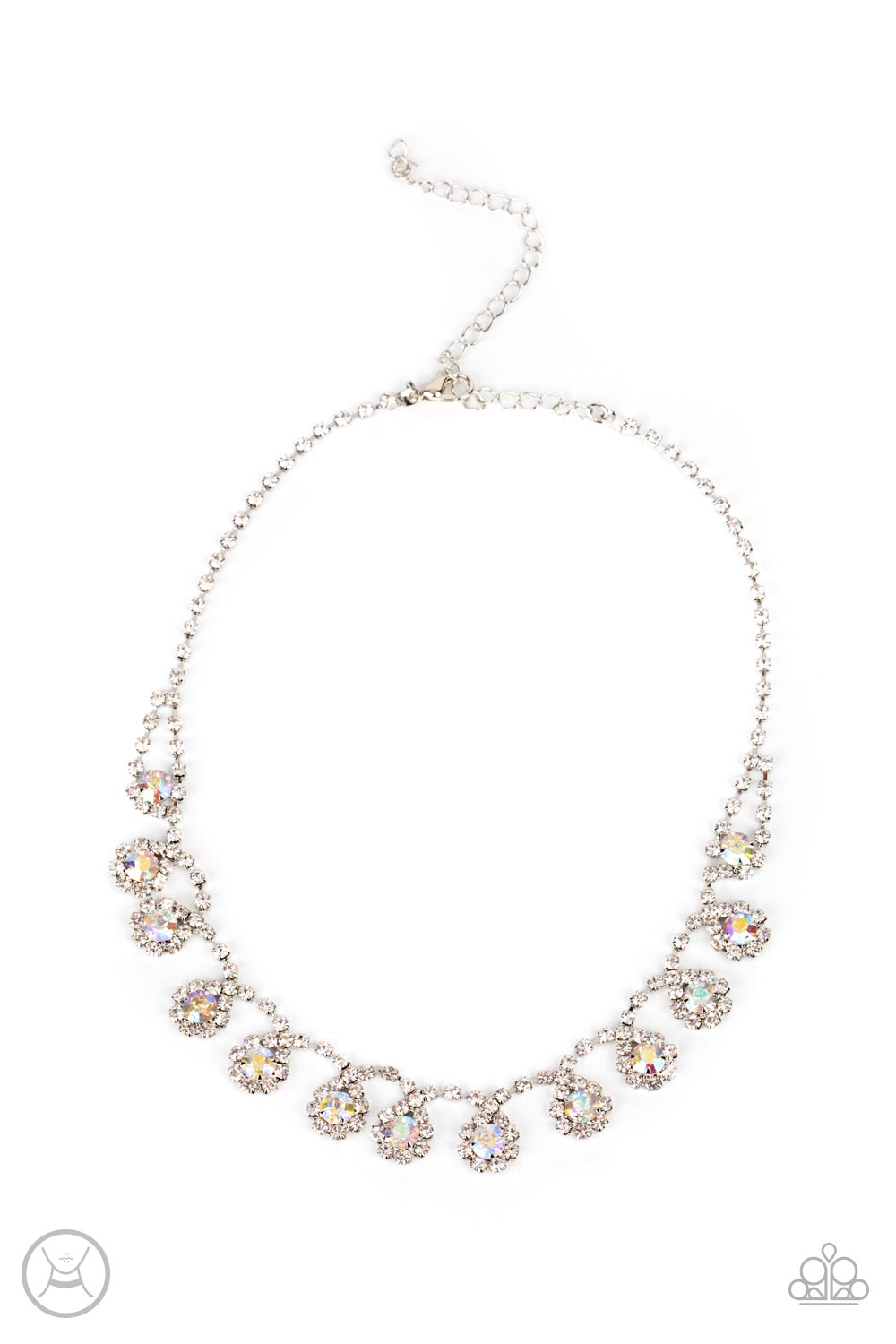 Princess Prominence Multi Choker Necklace - Paparazzi Accessories  A dainty strand of glittery white rhinestones encircle solitaire iridescent rhinestones around the neck, creating a glitzy fringe. Features an adjustable clasp closure.  Sold as one individual choker necklace. Includes one pair of matching earrings.