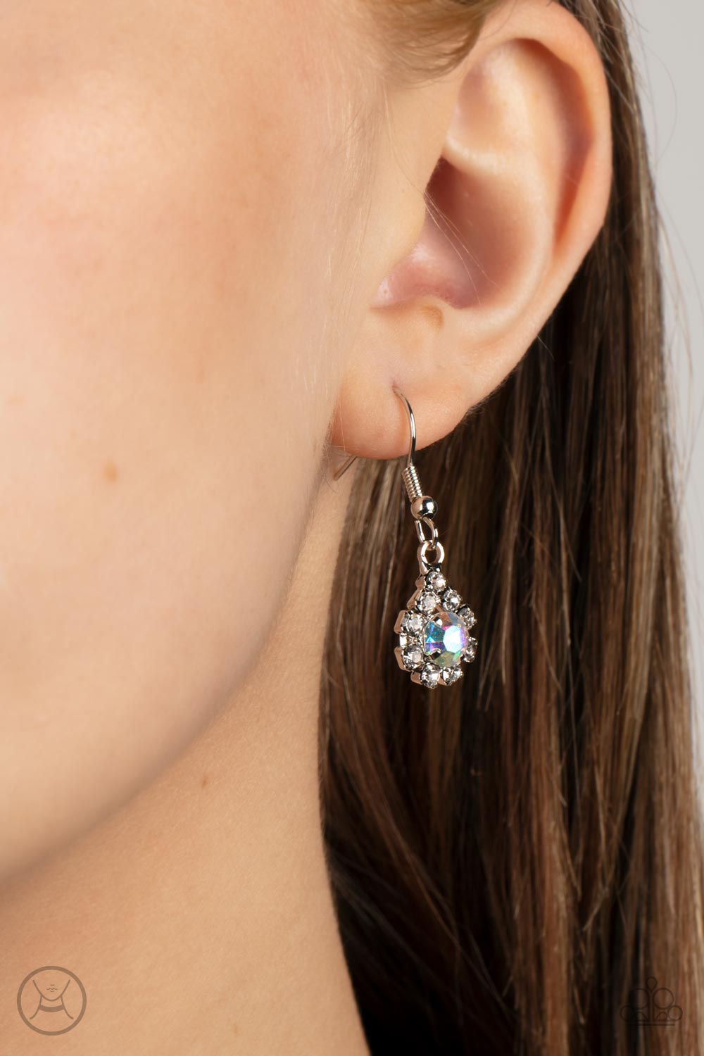 Princess Prominence Multi Choker Necklace - Paparazzi Accessories  A dainty strand of glittery white rhinestones encircle solitaire iridescent rhinestones around the neck, creating a glitzy fringe. Features an adjustable clasp closure.  Sold as one individual choker necklace. Includes one pair of matching earrings.
