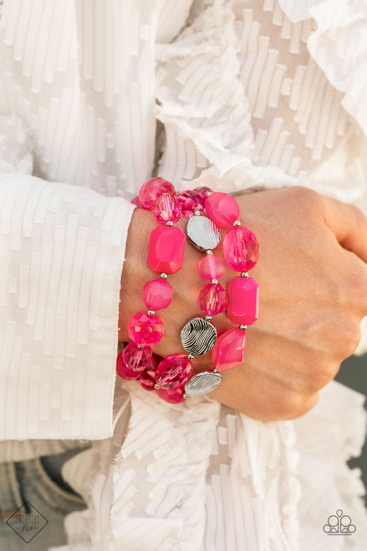 Oceanside Bliss Pink Bracelet - Paparazzi Accessories  Glassy and opaque Raspberry Sorbet crystal-like beads and textured silver accents are threaded along stretchy bands around the wrist, creating vivacious layers.  All Paparazzi Accessories are lead free and nickel free!  Sold as one individual bracelet.  Get The Complete Look! Necklace: "Oceanic Opulence - Pink" (Sold Separately)