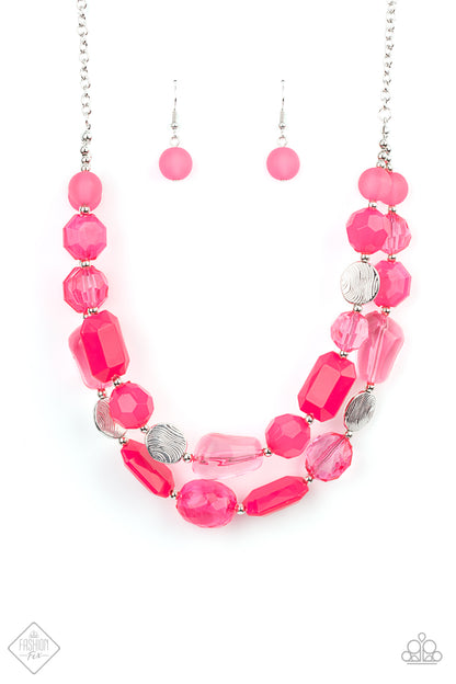 Oceanic Opulence Pink Necklace - Paparazzi Accessories   Varying in shape and opacity, a vibrant collection of faceted and smooth Raspberry Sorbet beads join textured silver discs and dainty silver beads along two thin wires, layering into a flamboyant pop of color below the collar. Features an adjustable clasp closure.  Sold as one individual necklace. Includes one pair of matching earrings.  Get The Complete Look! Bracelet: "Oceanside Bliss - Pink" (Sold Separately)