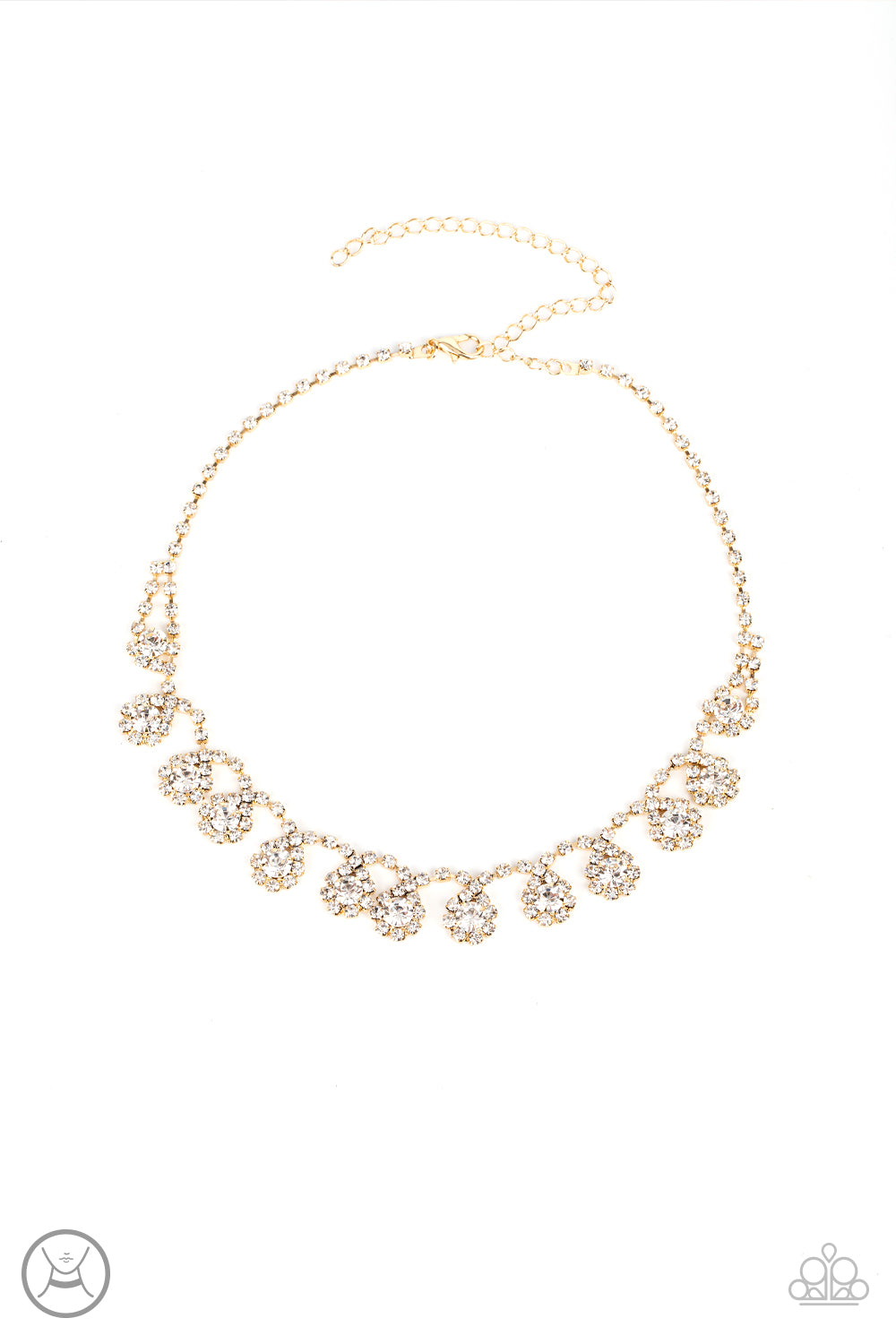 Princess Prominence Gold Choker Necklace - Paparazzi Accessories  A dainty strand of glittery white rhinestones encircle solitaire white rhinestones around the neck, creating a golden fringe. Features an adjustable clasp closure.  Sold as one individual choker necklace. Includes one pair of matching earrings.
